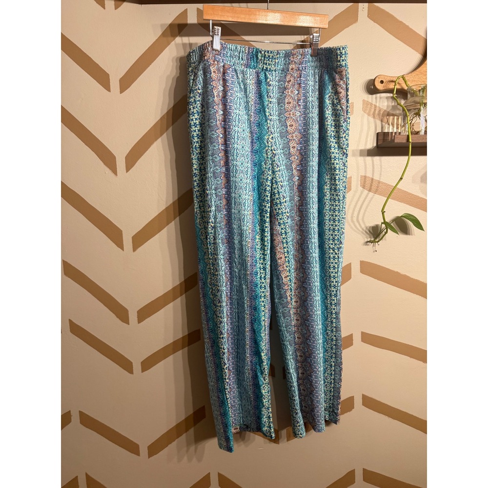 Belle Beach Wide Leg Pants Womens Large Blue Floral Printed Flowy A686182